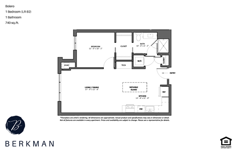 Floor plan for 1 bed, 1 bath, 669 sqft